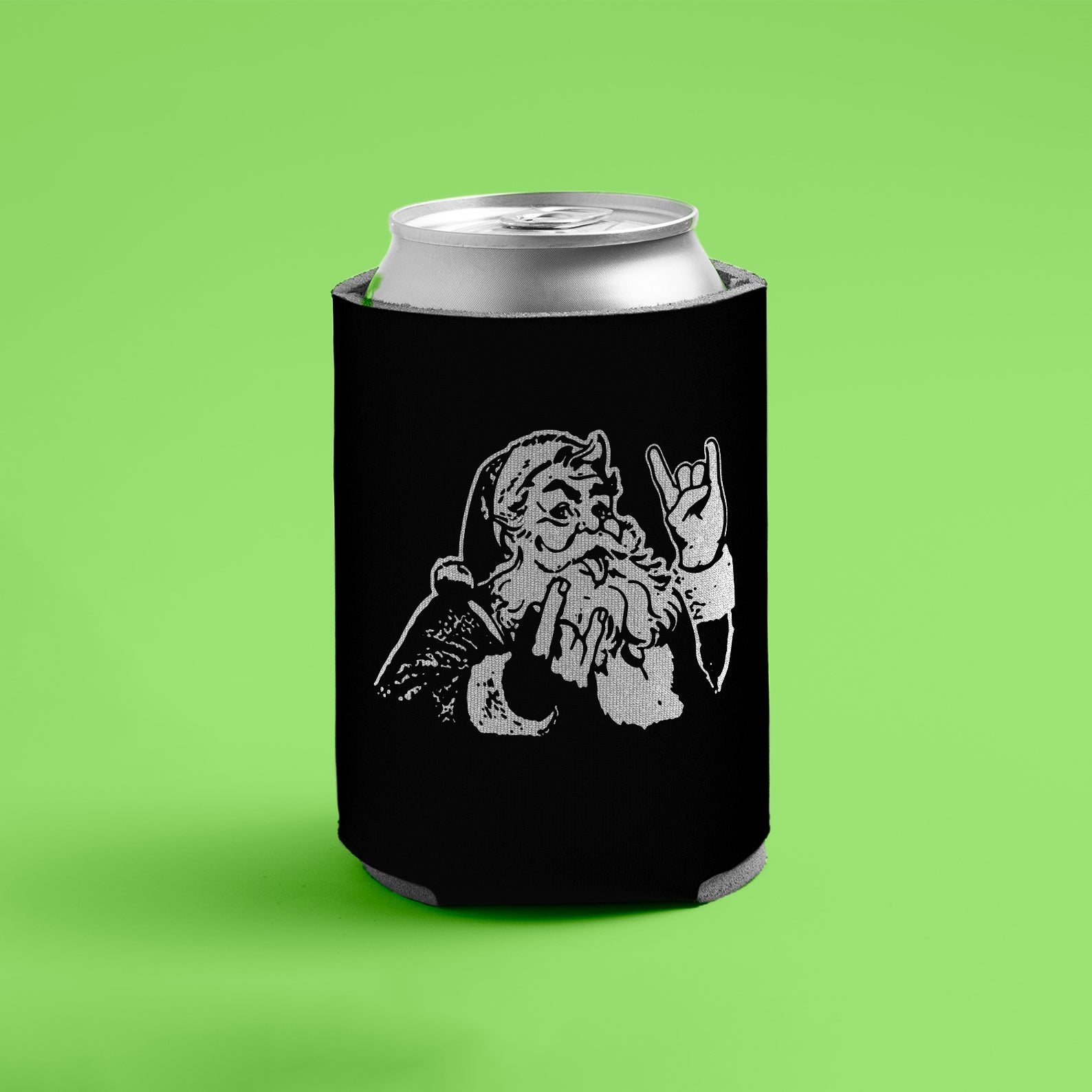 Rocker Santa™ can cooler with Santa flashing the rock hand gesture (black)