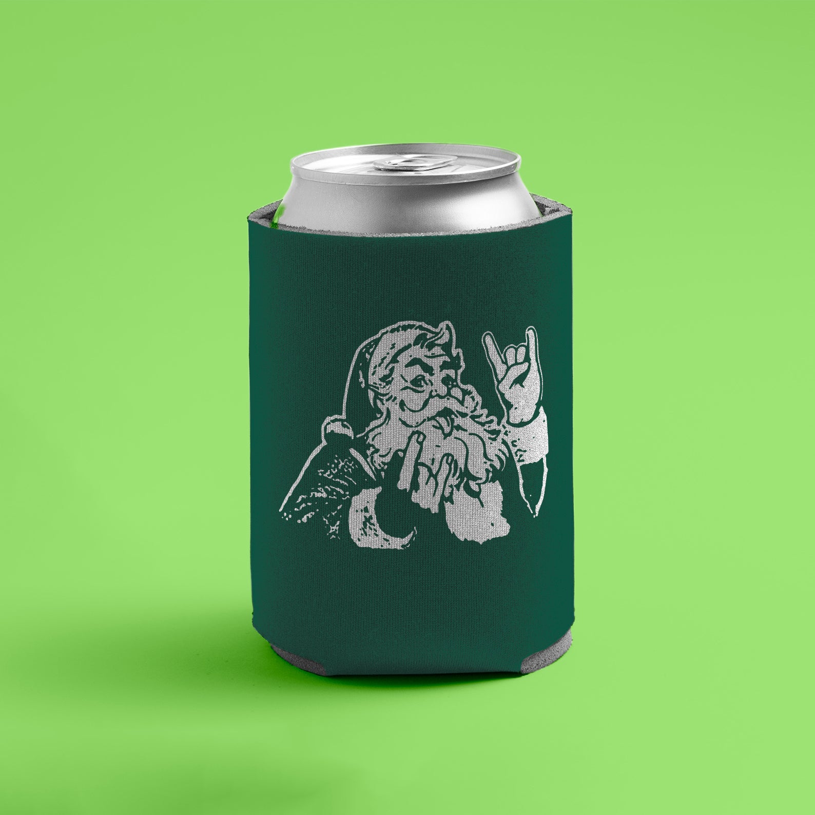 Rocker Santa™ can cooler with Santa flashing the rock hand gesture (forest green)