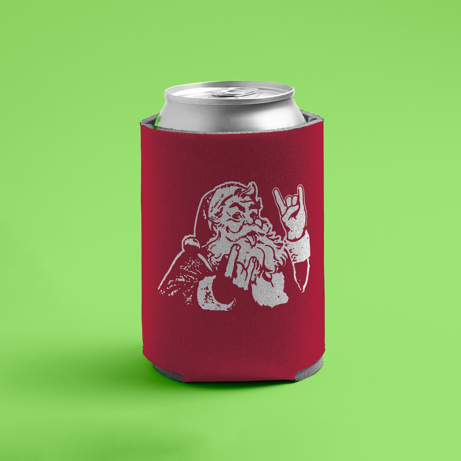 Rocker Santa™ can cooler with Santa flashing the rock hand gesture (red)
