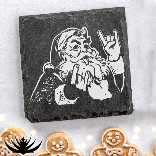 Rocker Santa® printed slate coaster showing Santa rock-on hand